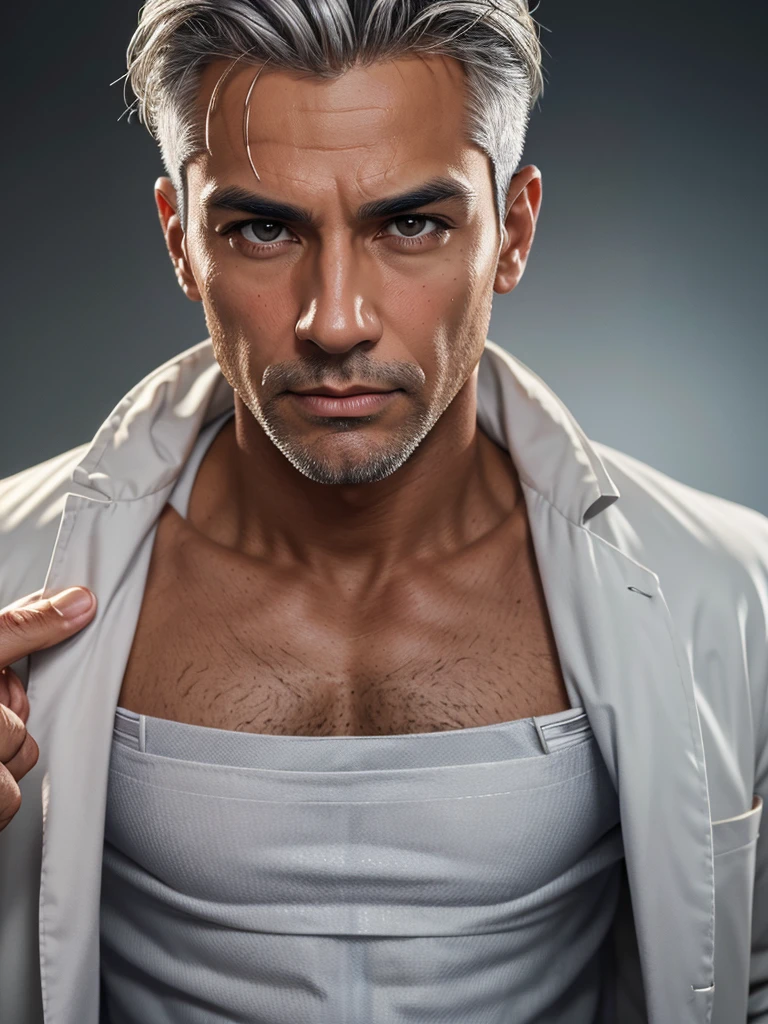 (best quality), 1boy, mature man, tanned skin, silver hair, medium hair, hair loosely combed back, brown eyes, perfect eyes, muscular, handsome, cold expression, doctor coat, scrubs, surgical mask, blood splatter, fully clothed, clean shaven face, masterpiece, anatomically correct, highres