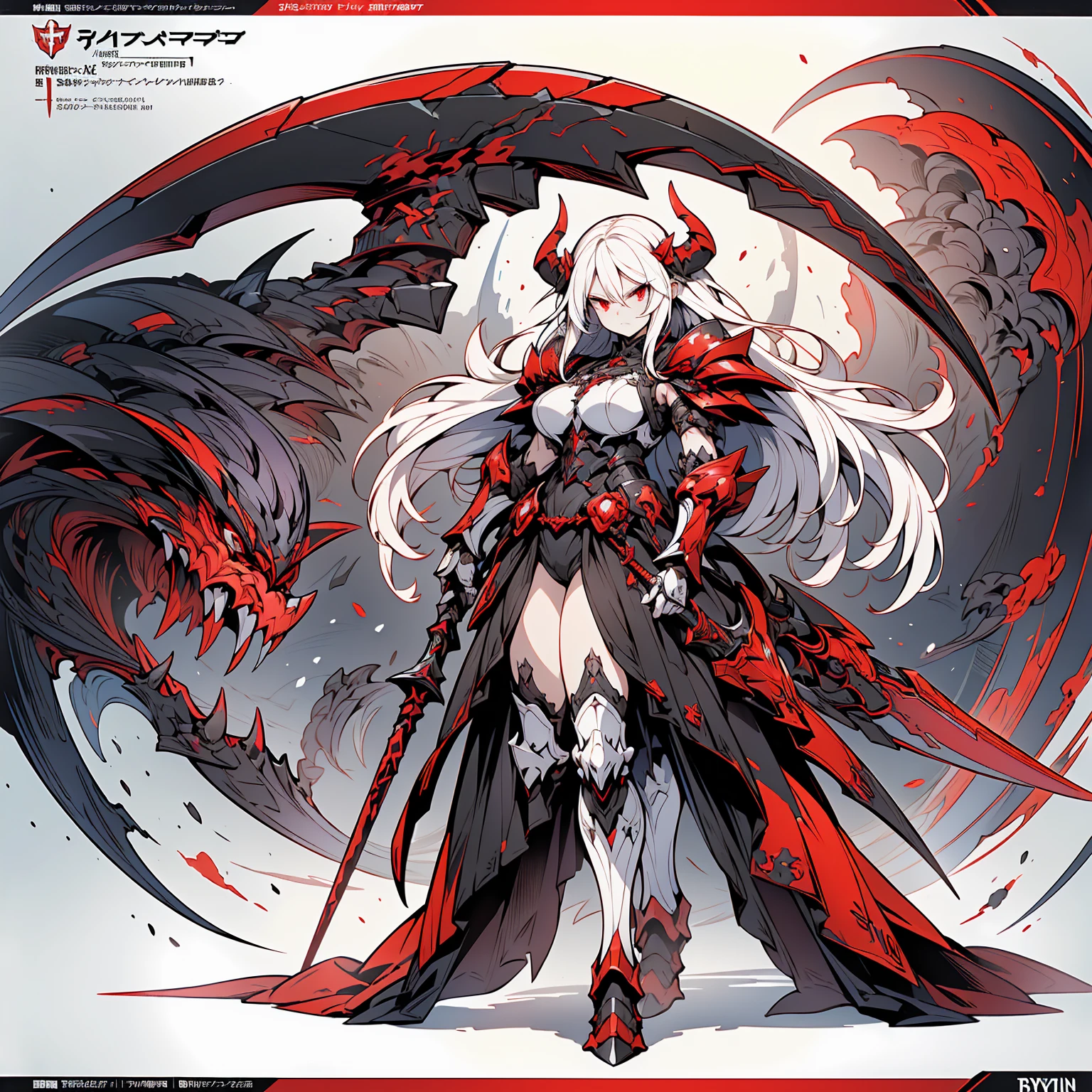 ((Highest quality)), ((masterpiece)), ((Realistic)) female character with Long white hair and Sharp red eyes. She wears a Demon Armor in purple, black, White and white, And big, Stylized scythe. The character has a menacing expression, with a Chaotic environment as the background. (((Detailed character sheet, Full body front view, Side view, Diagonal view, Close-up image of armor detail, arms, Facial Features))). ((thin)), (Big Breasts), (Very detailed:1.5), (Long white hair:1.2), (Sharp red eyes:1.2), (Chaotic environment:1.1), (Demon Armor:1.3), (Stylized scythe:1.3).