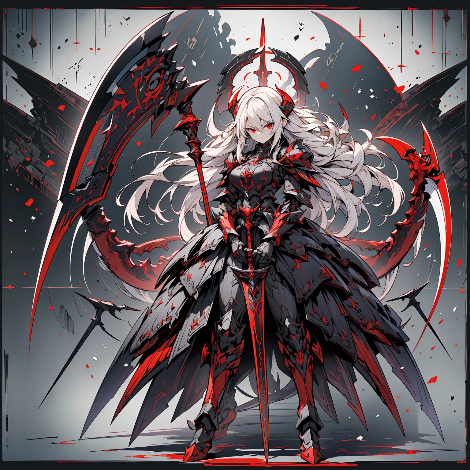 ((Highest quality)), ((masterpiece)), ((Realistic)) female character with Long white hair and Sharp red eyes. She wears a Demon Armor in purple, black, White and white, And big, Stylized scythe. The character has a menacing expression, with a Chaotic environment as the background. (((Detailed character sheet, Full body front view, Side view, Diagonal view, Close-up image of armor detail, arms, Facial Features))). ((thin)), (Big Breasts), (Very detailed:1.5), (Long white hair:1.2), (Sharp red eyes:1.2), (Chaotic environment:1.1), (Demon Armor:1.3), (Stylized scythe:1.3).