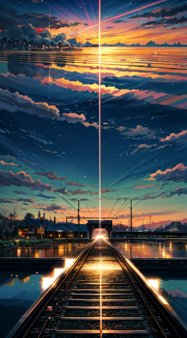 High quality masterpiece, landscape, (Anime Train passing through water on the tracks on a bridge), (Anime Train),Bright starry sky. Romantic Train, Cherry blossoms fluttering down, Pixiv, Concept Art, Lofi Art style, reflection. by makoto shinkai, Lofi Art, Beautiful anime scene, Anime landscape, landscape, (Makoto Shinkai style), Enhanced Details.