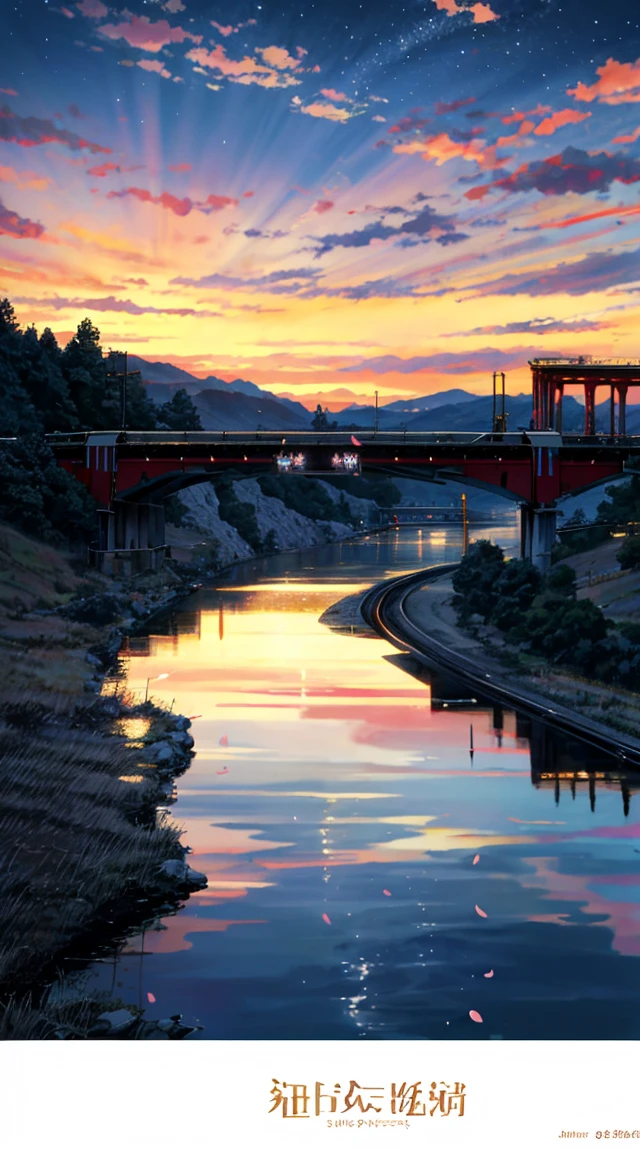 High quality masterpiece, landscape, (Anime Train passing through water on the tracks on a bridge), (Anime Train),Bright starry sky. Romantic Train, Cherry blossoms fluttering down, Pixiv, Concept Art, Lofi Art style, reflection. by makoto shinkai, Lofi Art, Beautiful anime scene, Anime landscape, landscape, (Makoto Shinkai style), Enhanced Details.