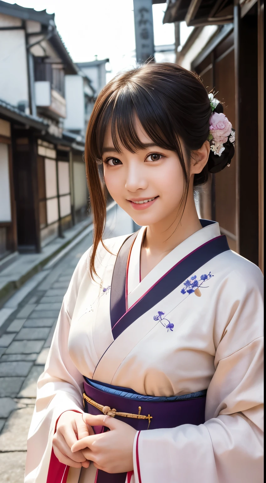Professional Lighting,(Realistic:1.4), (Top image quality:1.0), (超High resolution:1.0), 8k, Raw photography, (masterpiece:0.2), (Dealing with the Children_v1:0.5)、(最高quality Detail:1.2)、Realistic、8kウルトラHD、High resolution、(1 girl:1.2)、超detailedな、High quality textures、複雑なdetailed、detailed、Very detailed CG、High quality shadows、detailed 美しく繊細な顔、Beautiful details and a delicate eye、(Symmetrical eyes:1.2),Written boundary depth、Ray Tracing,1 girl, Japanese Girls, (Natural smile:1.4),cute, thin, Portrait of a beautiful Japanese woman in a kimono, Standing elegantly on a street corner in Kyoto. Kimono with vibrant traditional patterns, Hair decorated with elegant and delicate hairpins, Gentle expression. (With the old streets of Kyoto in the background:1.4)、The soft light of a spring afternoon、Adding tranquility to the scene. Rendered in a Realistic style with great attention to detail, High resolutionの画像.Sky Porn, Magic Hour, (Realistic:1.3), finely, quality, (Tabletop:1.2), (Realistic:1.2), (最高quality), (複雑なdetailed), dramatic, Ray Tracing, photograph, +roller
