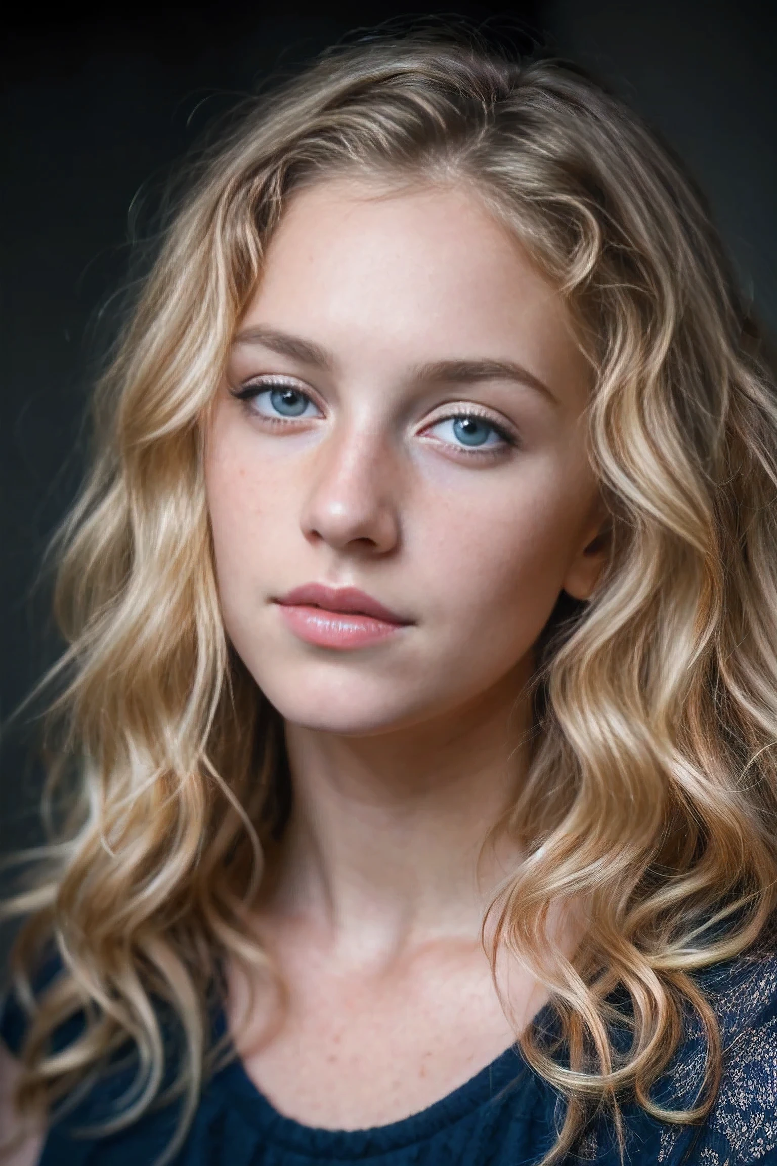 a photo portrait of a beautiful girl with curls and lots of freckles, (dirty blonde hair), (detailed blue eyes), (face portrait:1.5), dramatic light, Rembrandt lighting scheme, (hyperrealism:1.2), (8K UHD:1.2), (photorealistic:1.2), shot with Canon EOS 5D Mark IV, detailed face, detailed hair