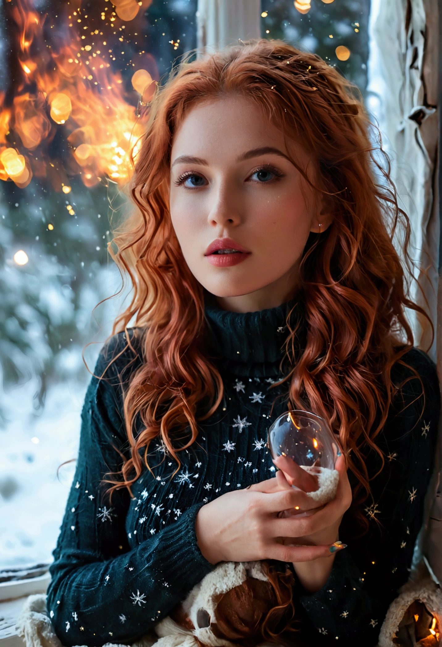 An ultra hot beautiful european woman, age 23, red wavy hair. she's a playmate, men magazine model, enjoying a cozy evening by the fire. She wears a turtleneck winter color wool sweater and tight shorts. Trough the window, winter starry night. Northern lights, Perfect anatomy, perfect hair, perfect breast, perfect body, perfect hands, perfect face, UHD, retina, masterpiece, accurate, anatomically correct, textured skin, cleavage