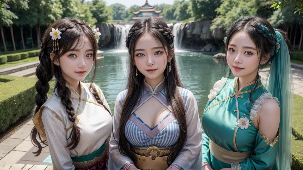 ( 3 girls),smile、Look into the camera、Diamond necklace、braided hair (Wear half body Chinese Hanfu costume.)、The material is smooth and flexible.、exposed upper arms、Blue-green striped knee-length socks Extra long twin tail hair、close range shooting、Flower Hair Ornaments、Blindfold、Garter、 Masterpiece, Highest quality, 8ก, beautiful girl, young face、 photography, Cute face, thigh, waterfall,、รอยsmile、small waist, blue eyes(((The chest is erect.:1.0)))(((round chest:1.1)))(((big breasts:1.1)))