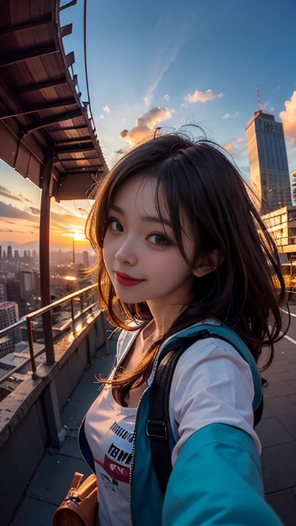 One girl, Korean, Fisheye Lens, Selfie, Wind, Messy Hair, sunset, Cityscape, (Aesthetics and atmosphere:1.2),smile