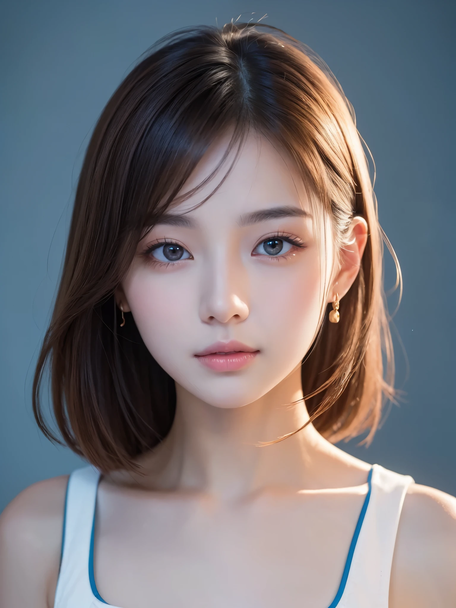 Surrounded by soft lighting、Attractive portrait of a young woman with short dark brown straight hair。She has delicate, fair skin and a hint of red on her cheeks.。Her big expressive eyes look natural.、Highlighted with minimal makeup。Lips are naturally pink、slightly open。She is wearing a simple white sleeveless top.、Emphasizing the quiet and mysterious atmosphere。The background is a sky gradient、The pale blue has turned into a warmer tone.、Reminiscent of a sunrise or sunset。The overall mood is calm and introspective.、Lighting emphasizes her features、Creates a halo effect around the hair。