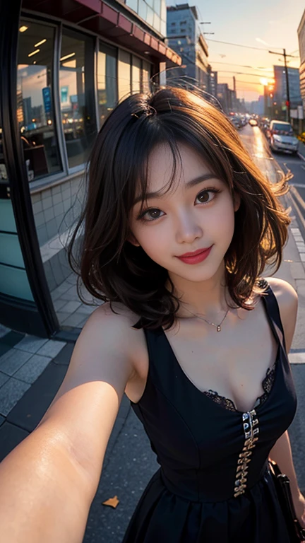 One girl, Korean, Fisheye Lens, Selfie, Wind, Messy Hair, sunset, Cityscape, (Aesthetics and atmosphere:1.2),smile