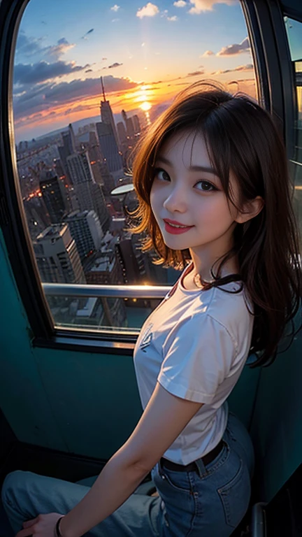 One girl, Korean, Fisheye Lens, Selfie, Wind, Messy Hair, sunset, Cityscape, (Aesthetics and atmosphere:1.2),smile