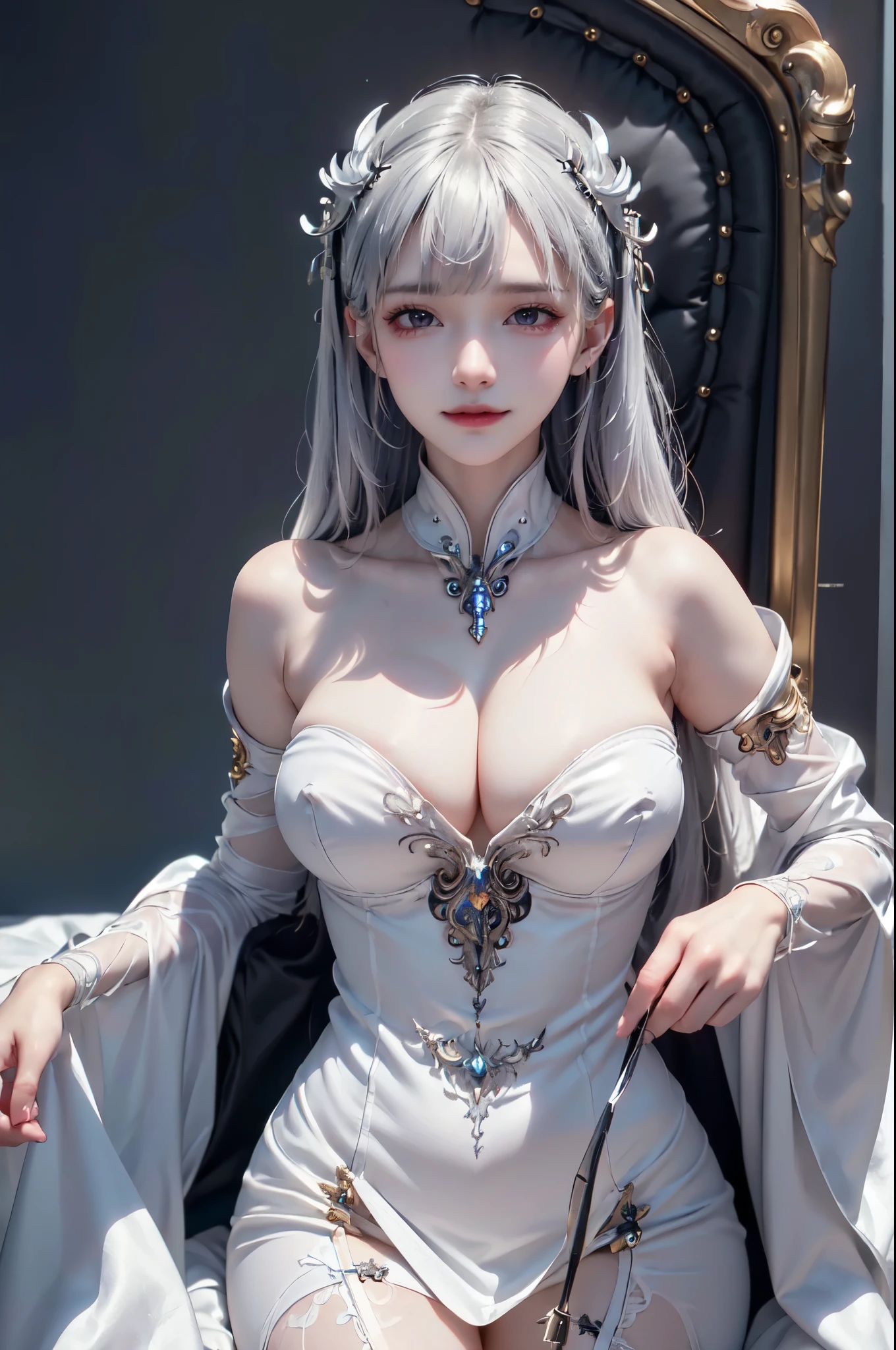 NSFW,((top quality、8k、masterpiece:1.3))Wears a silver-white mech，girl with delicate face，Highest image quality，Ultra-clear，Delicate and clear facial features，end of the world，Mechanical arm，Exquisitely detailed mechanical pattern,cyberpunk characters、numbercity、number、century、throne、