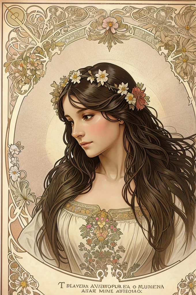 a woman with long hair and flowers in her hair is featured in a poster for alphonse mucha's the alphonse mucha by Alphonse Mucha