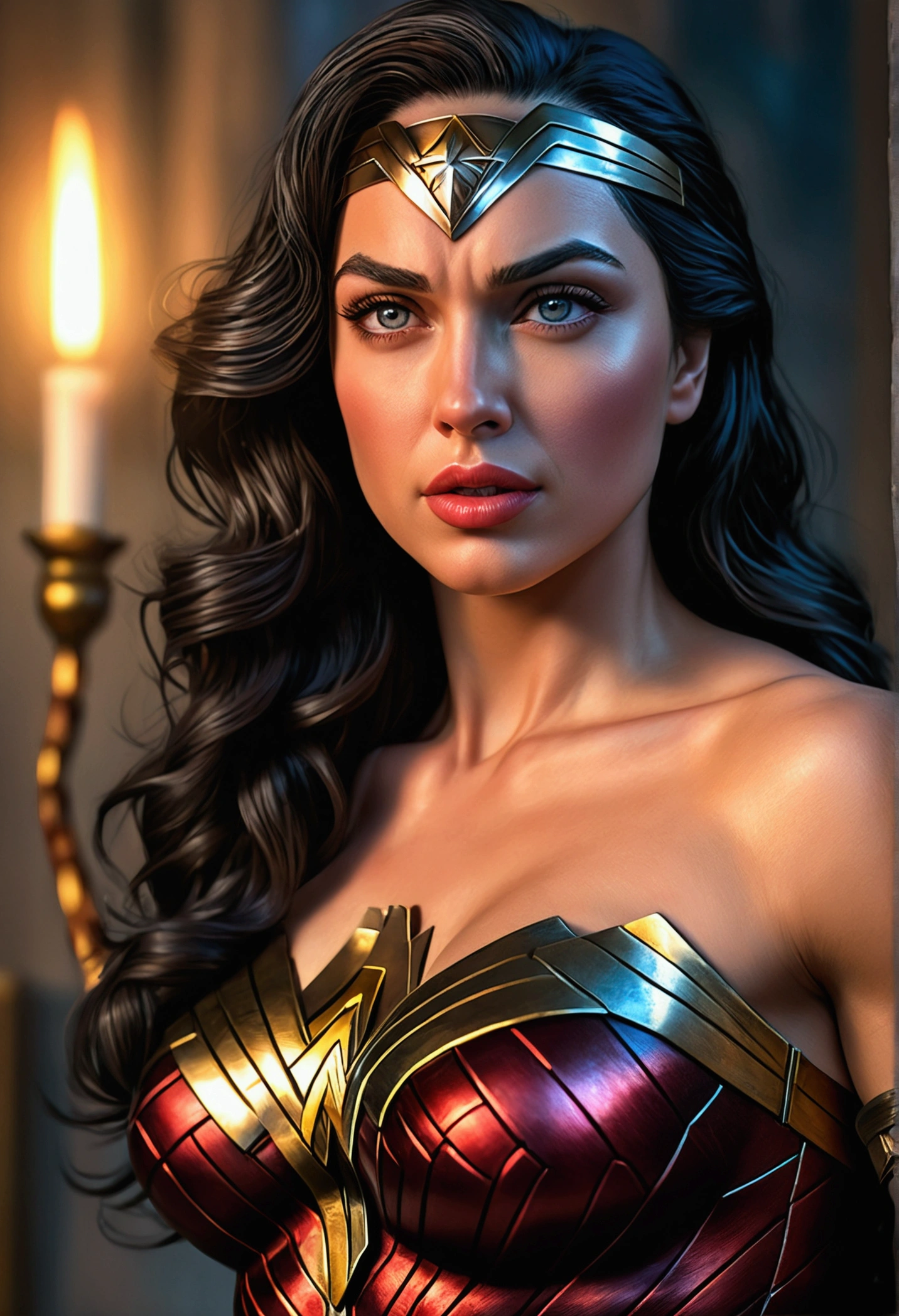 a woman with beautiful detailed eyes, beautiful detailed lips, extremely detailed face, long eyelashes, full body, naked, big breasts, muscular body, heroic pose, wonder woman, (best quality,4k,8k,highres,masterpiece:1.2),ultra-detailed,(realistic,photorealistic,photo-realistic:1.37),digital painting, cinematic lighting,dramatic lighting,vibrant colors,dynamic composition