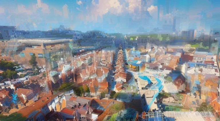 Stylization，Second Dimension，Flat coating，detail，cartoon，town，Overlooking，Flat art style