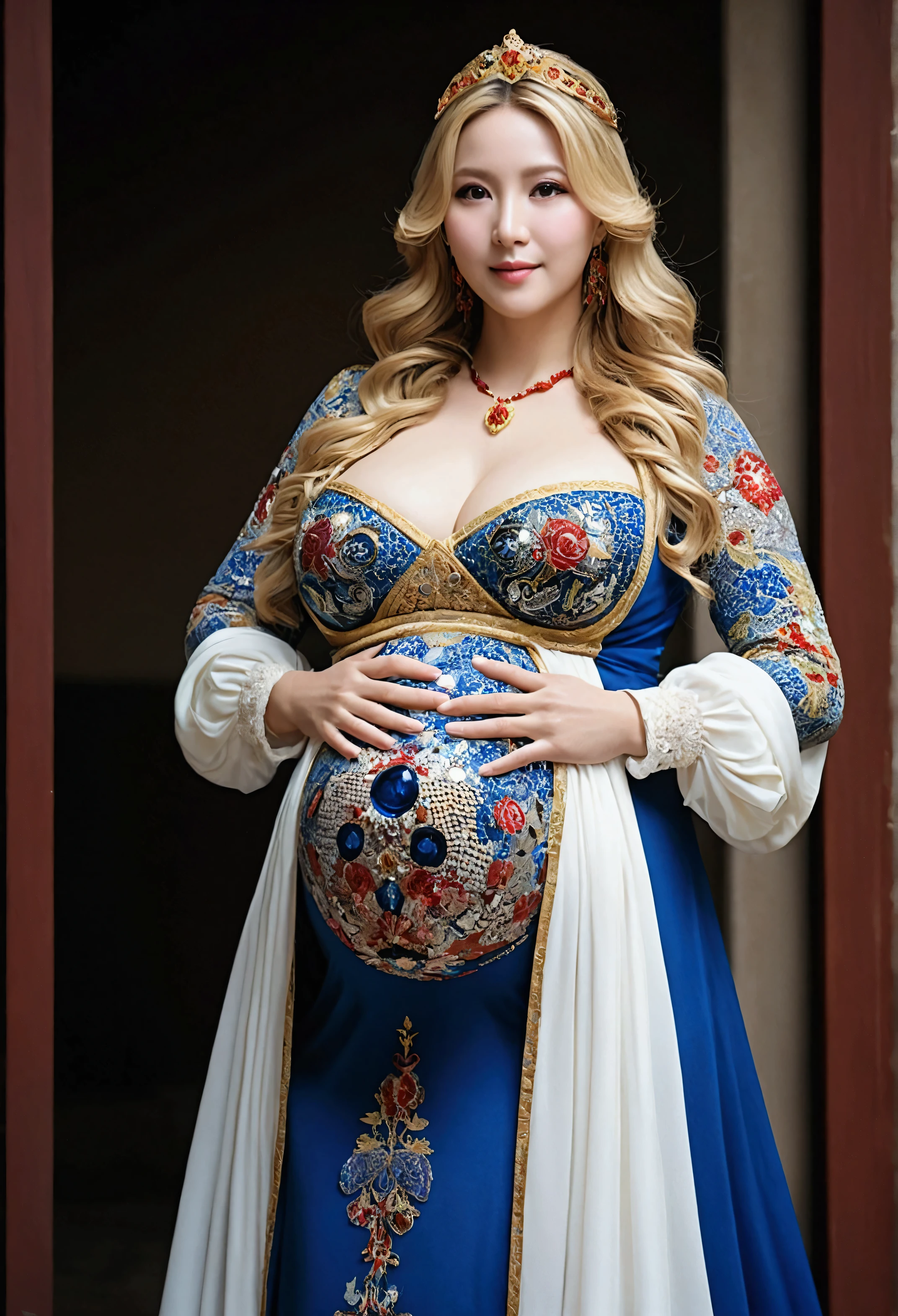 (dark shot:1.1)The whole body of the aristocratic mother,Sexy aristocratic outfit with big breasts(absurderes、hight resolution、ultra-detailliert)、Full body of one woman、Red and white aristocratic costume,Mature woman with big breasts、Nobleman in a luxurious dress、Blonde long hair、Mature woman with thin big breasts、blue eyess、big pregnant belly, pregnant 40 weeks, sexy dress、long-sleeve、Finely detailed eyes and detailed face、intricate-detail、BREAK Mosaic Art、small pieces、colorful tesserae、complex pattern、Tiled design、durable surfaces、Old-fashioned technique BREAK macro photography、extreme close - up、intricate-detail、magnified textures、Stunning clarity、Hidden beauty、Immersive perspective break、 artisanal creations、Handmade products、unique designs、intricate detailes、Creative expression、skilled craftsmanship,enticing,enticing,English gardens,a smile,