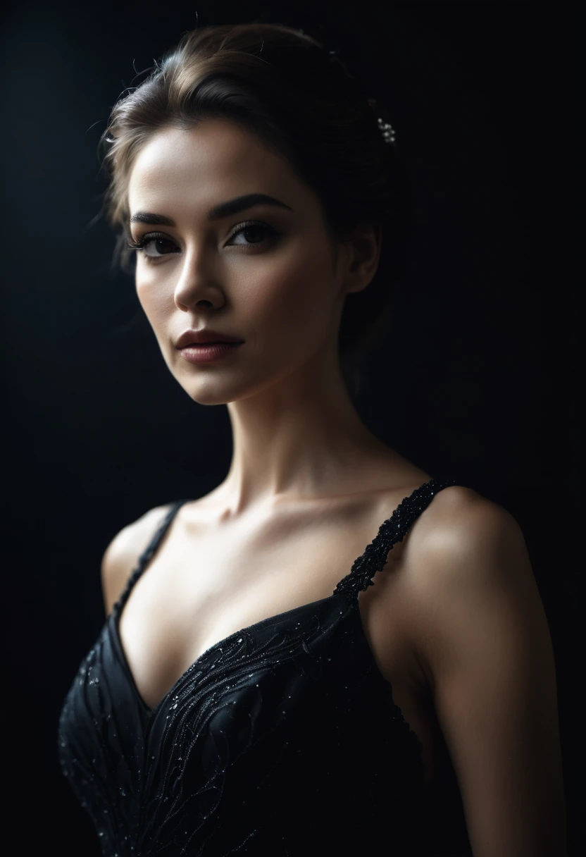 dark shot, film grain, A close up of a woman in a beautiful black dress and a black background, ultra clear, high quality