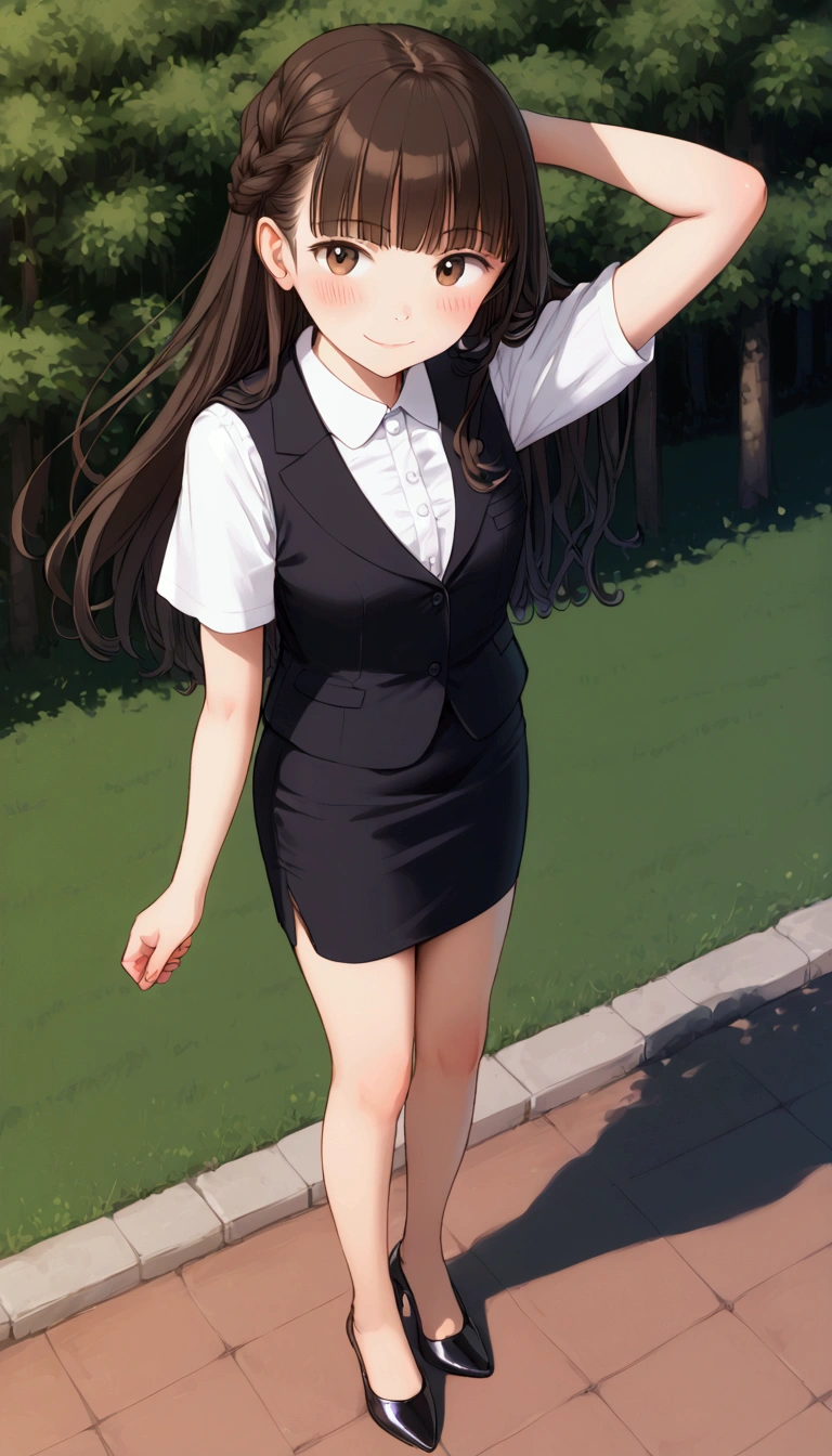 {Highest quality}, {Super beautiful},{Ultra fine},{Best illustration},Brown Hair,Hime cut,long hair,Braid,One woman,Standing Woman,Strike a pose,smile,smilingly,suit,White Shirt,Short sleeve,Long black skirt,at the park,Blushing,Slender,Black stiletto heels,barefoot,Stand with your legs together,from the front,From above