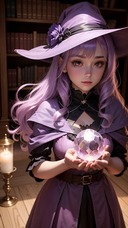 A witch holding a large round crystal,Looking at the camera,front,fortune teller,In a room surrounded by bookshelves,Mysterious Light,To be a witch is to be a healer, teacher, seeker, donor, And the protector of all things. If this is your path, Walk with honor, Light and sincerity, All love and light, Diffuse lighting,Light purple hair,Beautiful girl like a doll