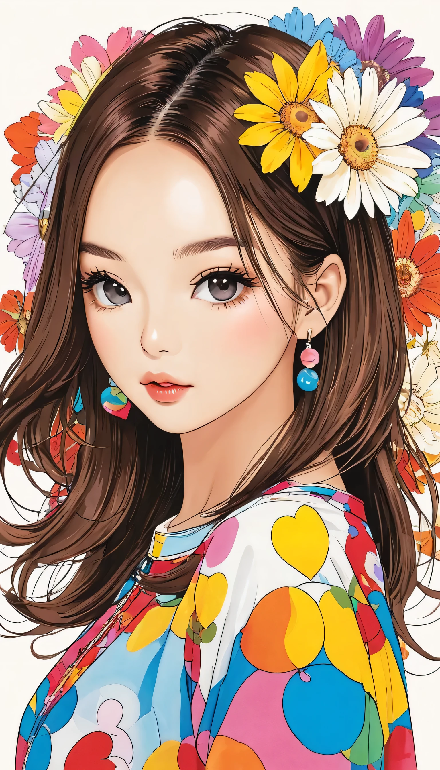 Takashi Murakami colorful style, Simple Line Initialism，Abstract art，Urban Background, (((The most beautiful girl of all time))), Sweet face. Lips in love, colorful hearts, stylish design, 夏のオシャレなTシャツ, 黒い瞳