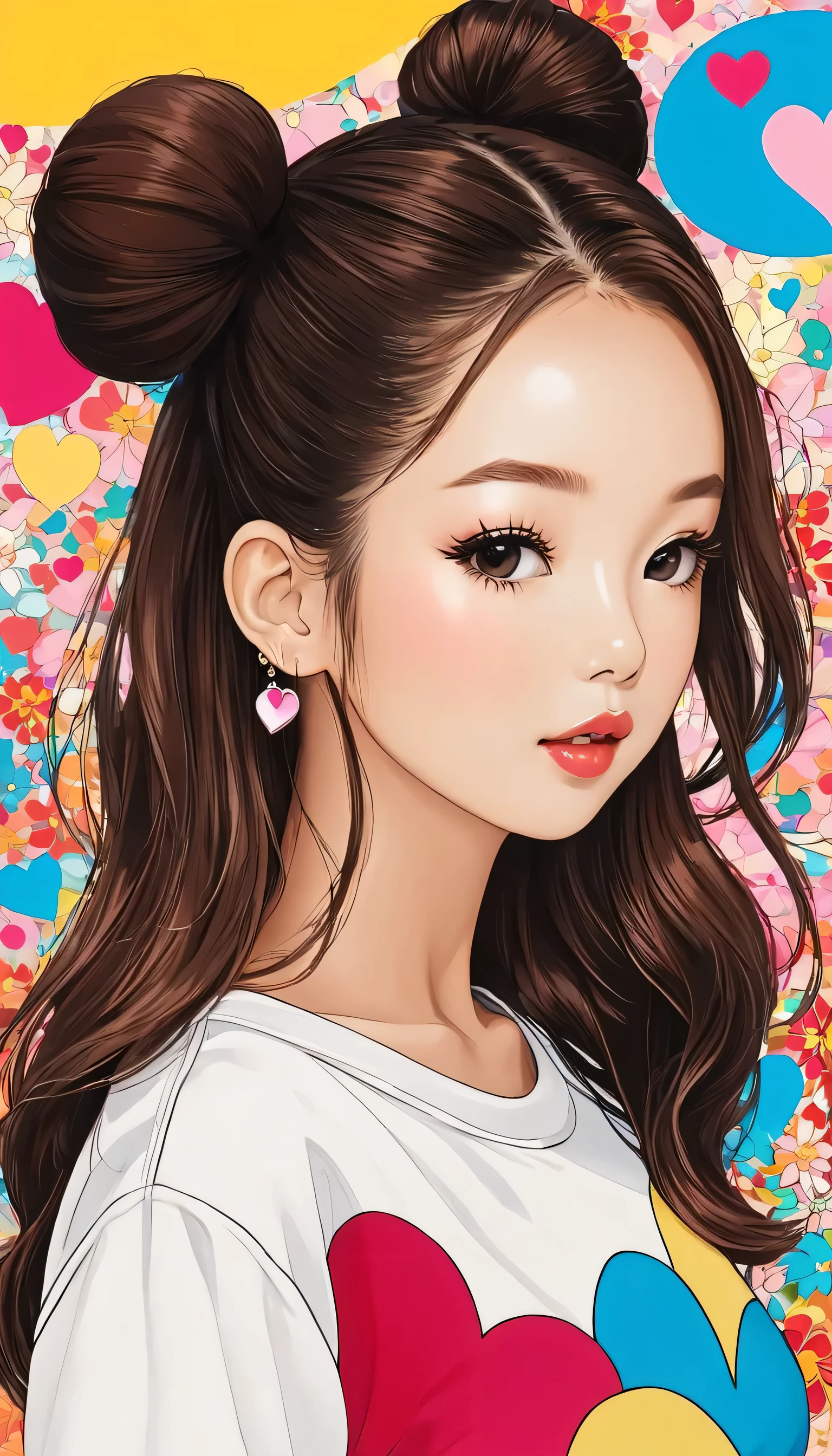 Takashi Murakami colorful style, Simple Line Initialism,Abstract art,Urban Background, (((The most beautiful girl of all time))), Sweet face. Lips in love, colorful hearts, stylish design, 夏のオシャレなTシャツ, 黒い瞳