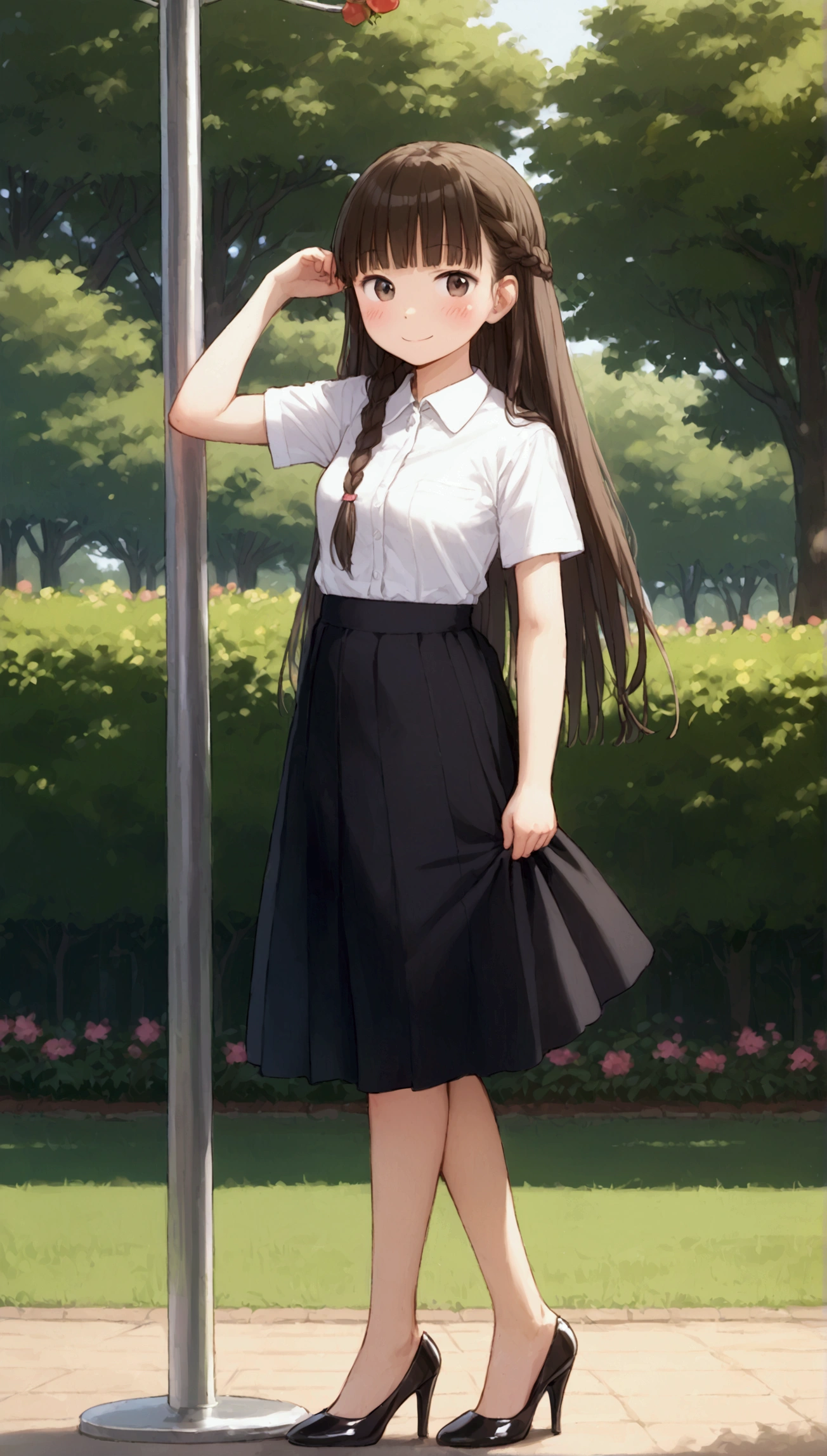 {Highest quality}, {Super beautiful},{Ultra fine},{Best illustration},Brown Hair,Hime cut,long hair,Braid,One woman,woman resting,Strike a pose,smile,smilingly,suit,White Shirt,Short sleeve,Long black skirt,at the park,Blushing,Slender,Black stiletto heels,barefoot,Stand with your legs together,from the front,