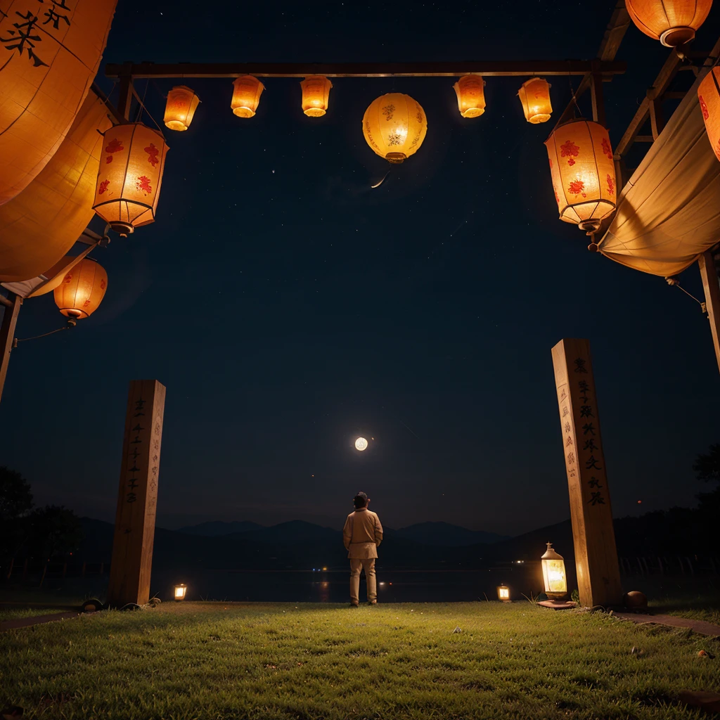 Mid-autumn festival background banner, image of a big full moon in the night sky, surrounded by colorful lanterns