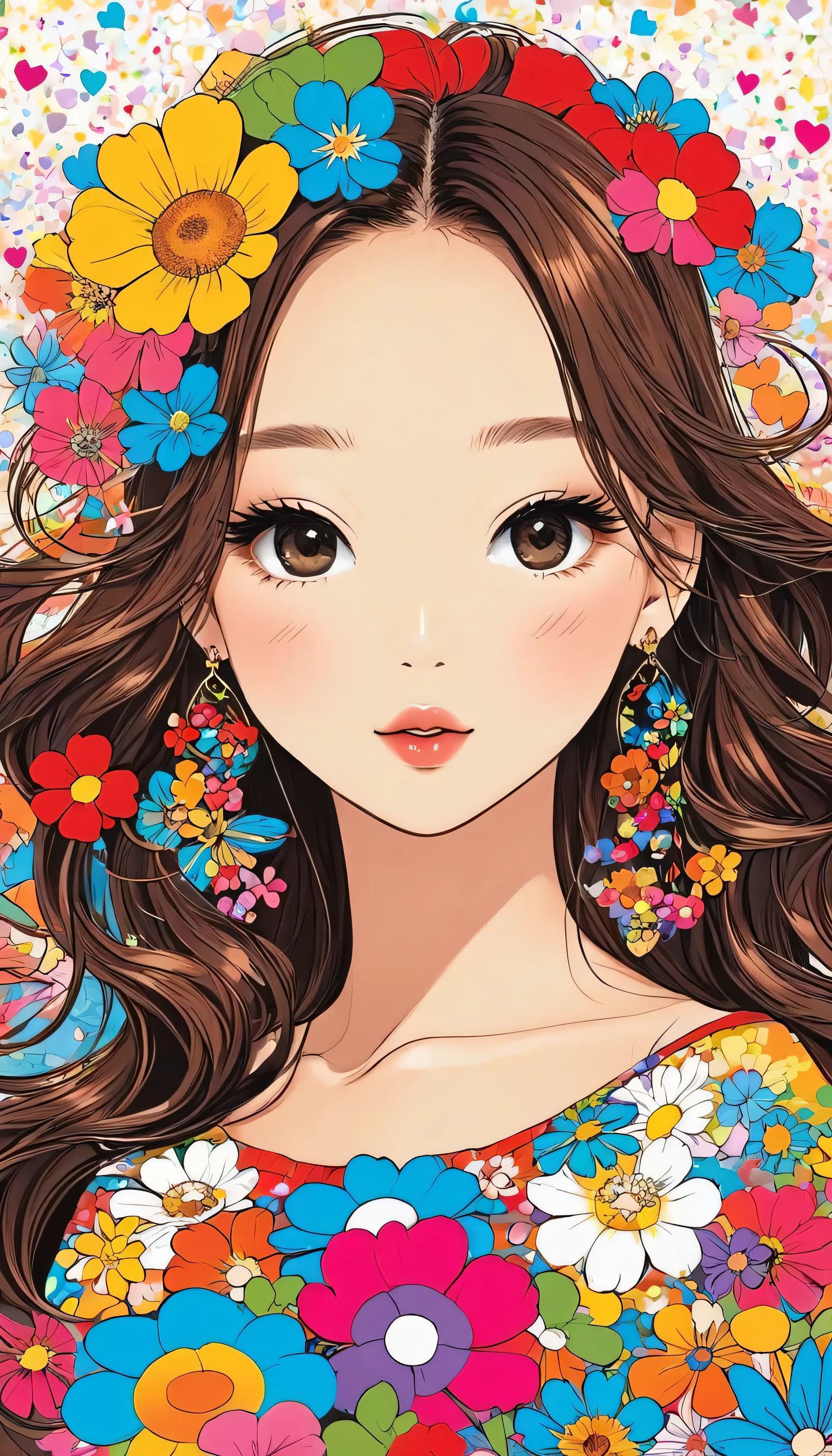 Takashi Murakami colorful style, Simple Line Initialism,Abstract art,Urban Background, (((The most beautiful girl of all time))), Sweet face. Lips in love, colorful hearts, stylish design, 夏のオシャレなTシャツ, 黒い瞳