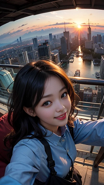 One girl, Korean, Fisheye Lens, Selfie, Wind, Messy Hair, sunset, Cityscape, (Aesthetics and atmosphere:1.2),smile
