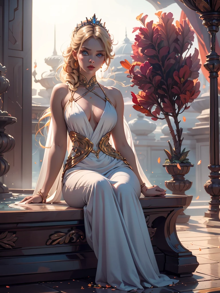 a seductive 30-year-old incredibly beautiful young femme fatale blonde with long golden hair gathered in a high hairstyle decorated with pearls, precious stones, a tiara with orange stones, she has blue eyes, neat seductive luxurious breasts, a beautiful feminine figure, rounded hips, she is wearing a seductive white dress with thin straps, open shoulders, an orange thin transparent shawl. She is sitting near a fountain in a luxurious palace.Realistic image. Masterpiece, perfect image, realistic photos, full-length image, 8k, detailed image, extremely detailed illustration, a real masterpiece of the highest quality, with careful drawing.