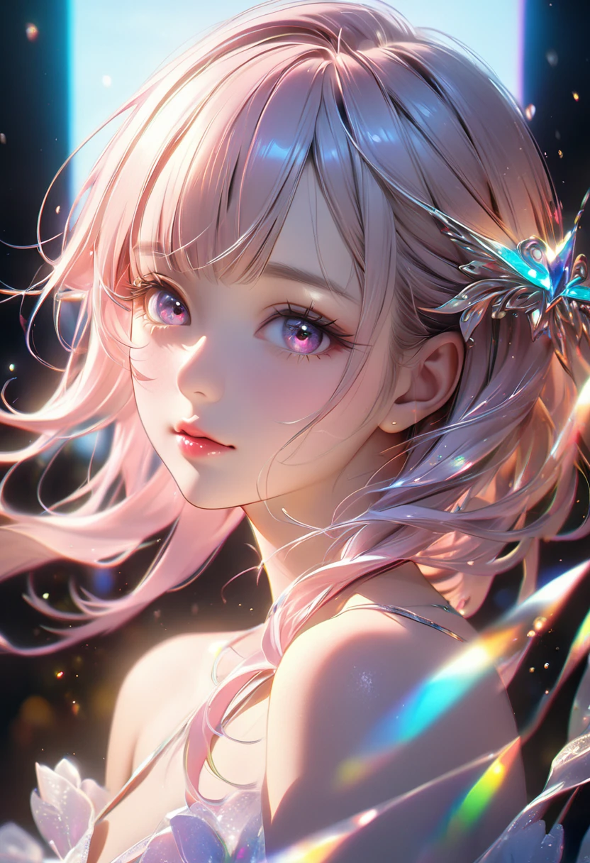 (8k, RAW Photos, Realistic:1.25) ,( Lip gloss, eyelash, Glossy surface, Glowing Skin, Highest quality, Ultra-high resolution, Written boundary depth, chromatic aberration, Caustics, Wide Lighting, Natural Shading,K-POPアイドル) She stares silently at the viewer, Happiness like a goddess.,