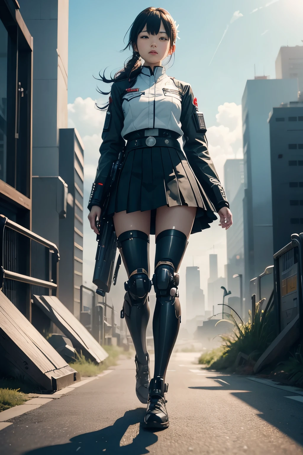 Future City、Japanese、、cyborg、mechanical、uniform、skirt