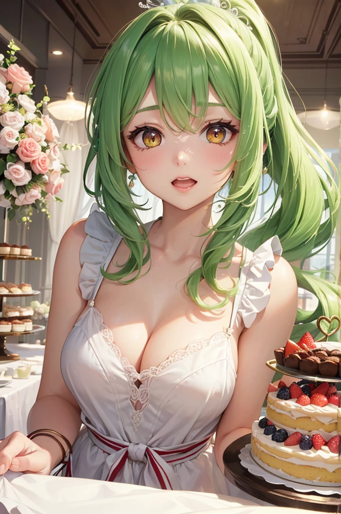 (The ultimate biggest Wedding cake) (best quality detailed Delicious parfait), (solo:2, 15 yo) (beautiful ponytail) (beauty green hair long hair) (beauty lovely girl), (beautiful detailed Heart-shaped pupils yellow eyes), (cute open mouth, medium tits), in a cute Apron dress, break, in the best cute Patisserie, BREAK, perfect anatomy, masterpiece, best quality, 16k, beautiful detailed grow, daydreaming expression.