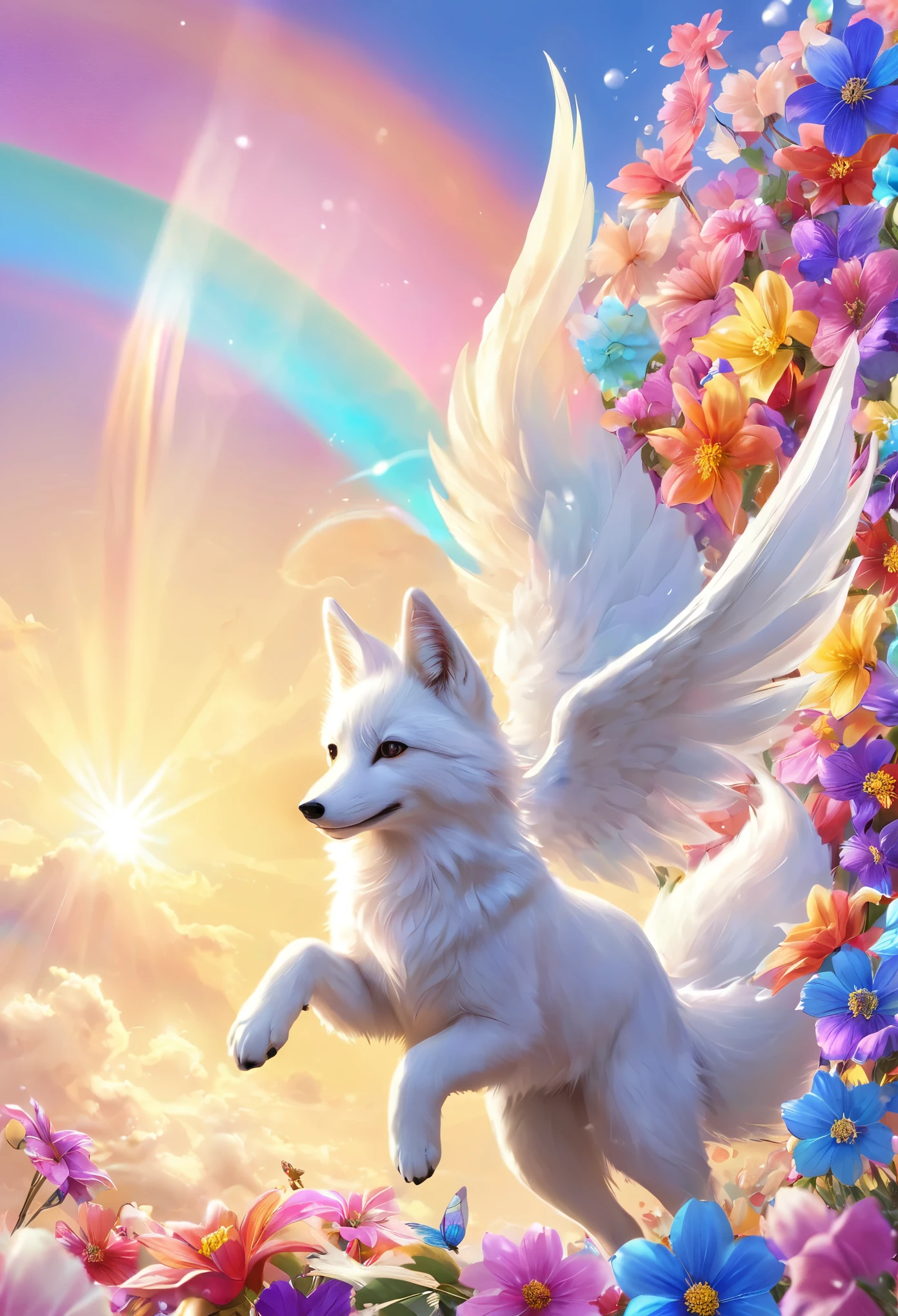 White fox, The background is blue sky, Large and small soap bubbles, Rainbow angel wings, Low - Angle Colorful flowers shining in the sun