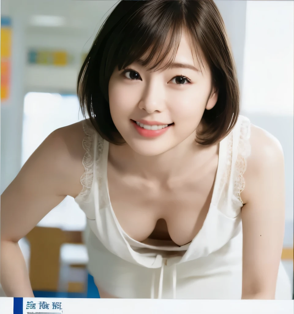 Highest quality、Realistic、8k、Ultra-high resolution, Realistic、detailed、Skin Texture、超detailed、(Very cute girl、beautiful girl)、Delicate and sexy collarbone、thin、Slender body、((最高のsmile))、非常にdetailedな顔、detailedな唇、Delicate eyebrows、Full body photo、Cool White Fluorescent Light、School classroom、smile、 (Leaning forward:1.2、Her cleavage is visible: 1.6)、Wearing a white tank top:1.6、Realistic、(Bokeh)、(Very short bob cut)、(Small breasts、Flat Chest)、Large erect nipples、Attractive eye reflection