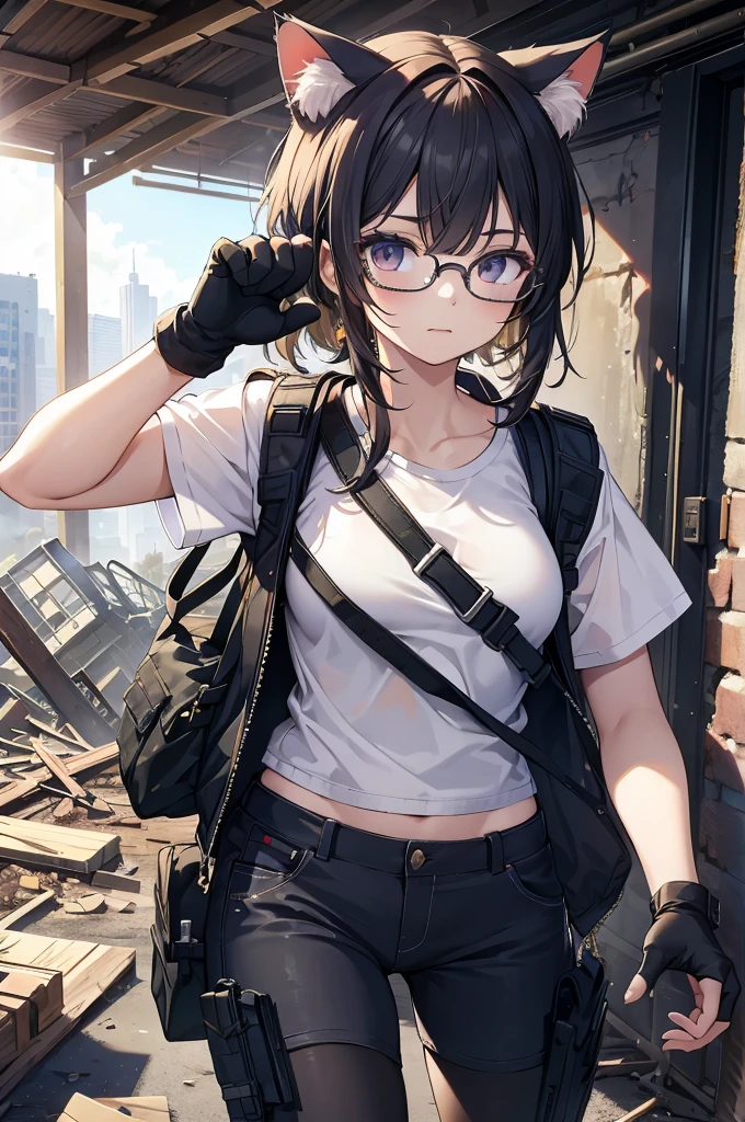 masterpiece, absurdres, best quality, extremely detailed eyes and face, natural skin texture, detailed skin, (perfect fingers, perfect hands), post-apocalypse, ruins city, collapsed buildings, dirty building, a lot of rubble, summer, sunshine,
BREAK
10 cute girl, glasses, colorful hair, (paw gloves:1.2), (cat ears, cat tail), running, (military vest, camouflage),