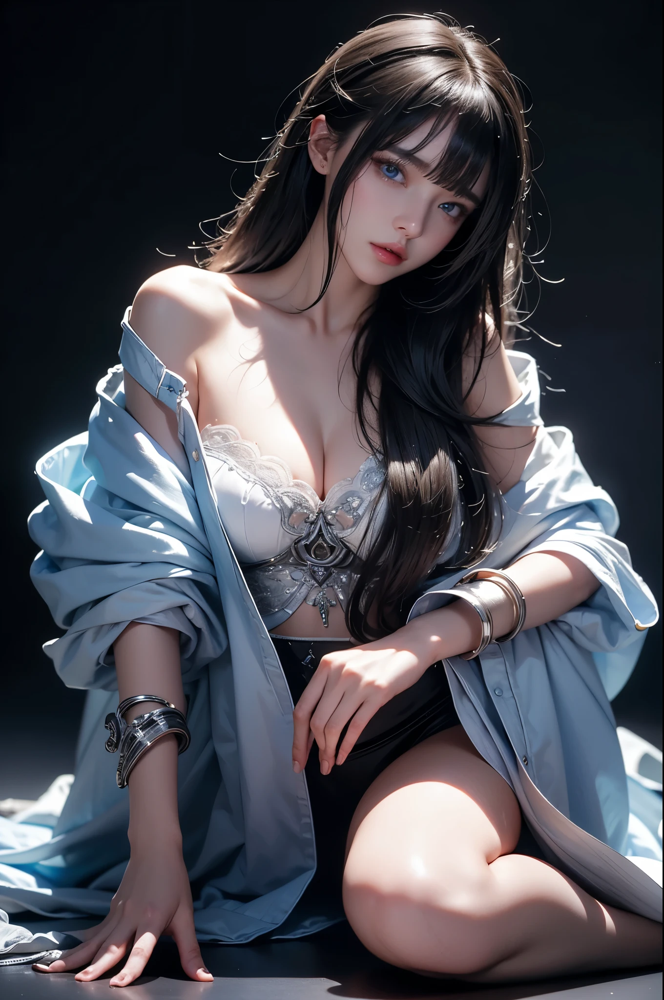masterpiece, Highest quality, Very detailed, To the camera, 複雑に詳細なVery detailed, Realistic, Sharp features, Very detailed, Sharp focus, Perfect Face, Perfect Face, Perfect symmetry and perfect eyes, Perfect Plump Lips, Flexible female form, Cinematic, Film Light, Very detailed, hyper Realistic, masterpiece, Atmospheric, High resolution, Vibrant, Dynamic Studio Lighting, ((Dark Background)), The expression when enduring pleasure, Straight bangs, blue eyes,Kneeling with hands on crotch、Butt、Sexually aroused expressions、No clothes、NSFW,((top quality、8k、masterpiece:1.3))Wears a silver-white mech,girl with delicate face,Highest image quality,Ultra-clear,Delicate and clear facial features,end of the world,Mechanical arm,Exquisitely detailed mechanical pattern,Cyberpunk characters、numbercity、number、century、throne、Completely naked