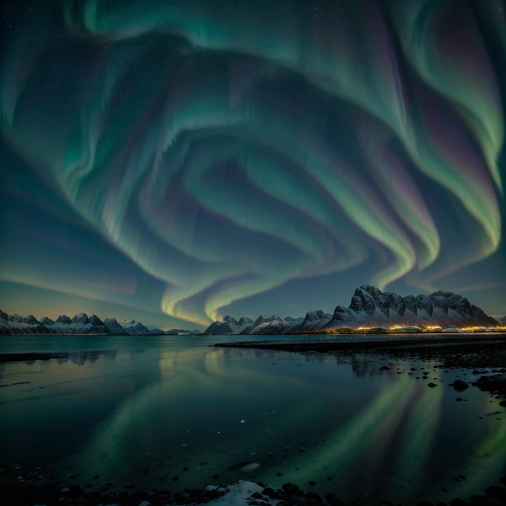Northern Lights over the sea, snowy mountains at starry winter night. Aurora borealis in Lofoten islands, Norway. Sky with polar lights. Landscape with aurora, beach, sky, reflection in water. Space