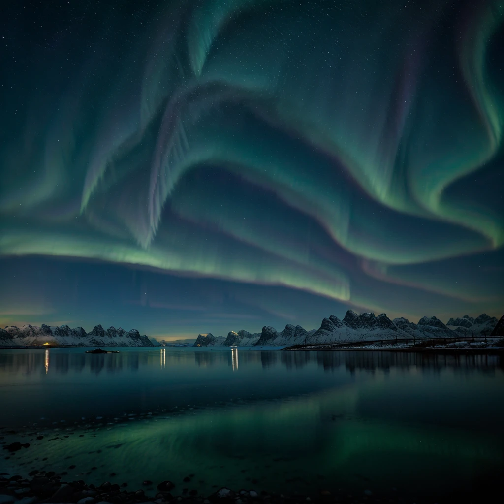 Northern Lights over the sea, snowy mountains at starry winter night. Aurora borealis in Lofoten islands, Norway. Sky with polar lights. Landscape with aurora, beach, sky, reflection in water. Space