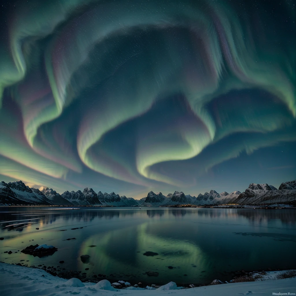 Northern Lights over the sea, snowy mountains at starry winter night. Aurora borealis in Lofoten islands, Norway. Sky with polar lights. Landscape with aurora, beach, sky, reflection in water. Space