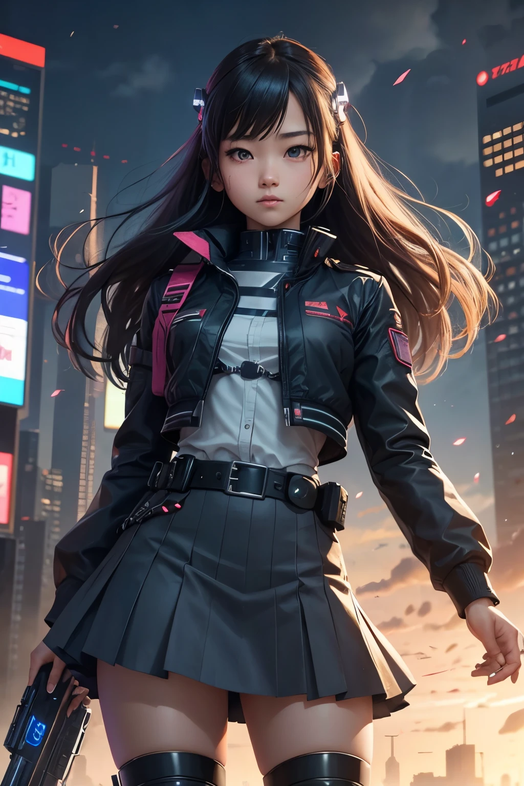 Future City、high school girl、cyborg、mechanical、uniform、skirt