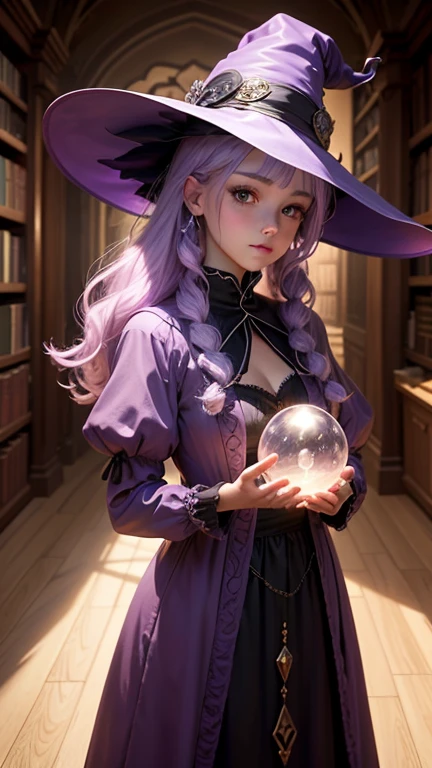 A witch holding a large round crystal,Looking at the camera,Facing forward,fortune teller,In a room surrounded by bookshelves,Mysterious Light,To be a witch is to be a healer, teacher, seeker, donor, And the protector of all things. If this is your path, Walk with honor, Light and sincerity, All love and light, Diffuse lighting,Light purple hair,Beautiful girl like a doll,Gentle expression,Soft Light,
