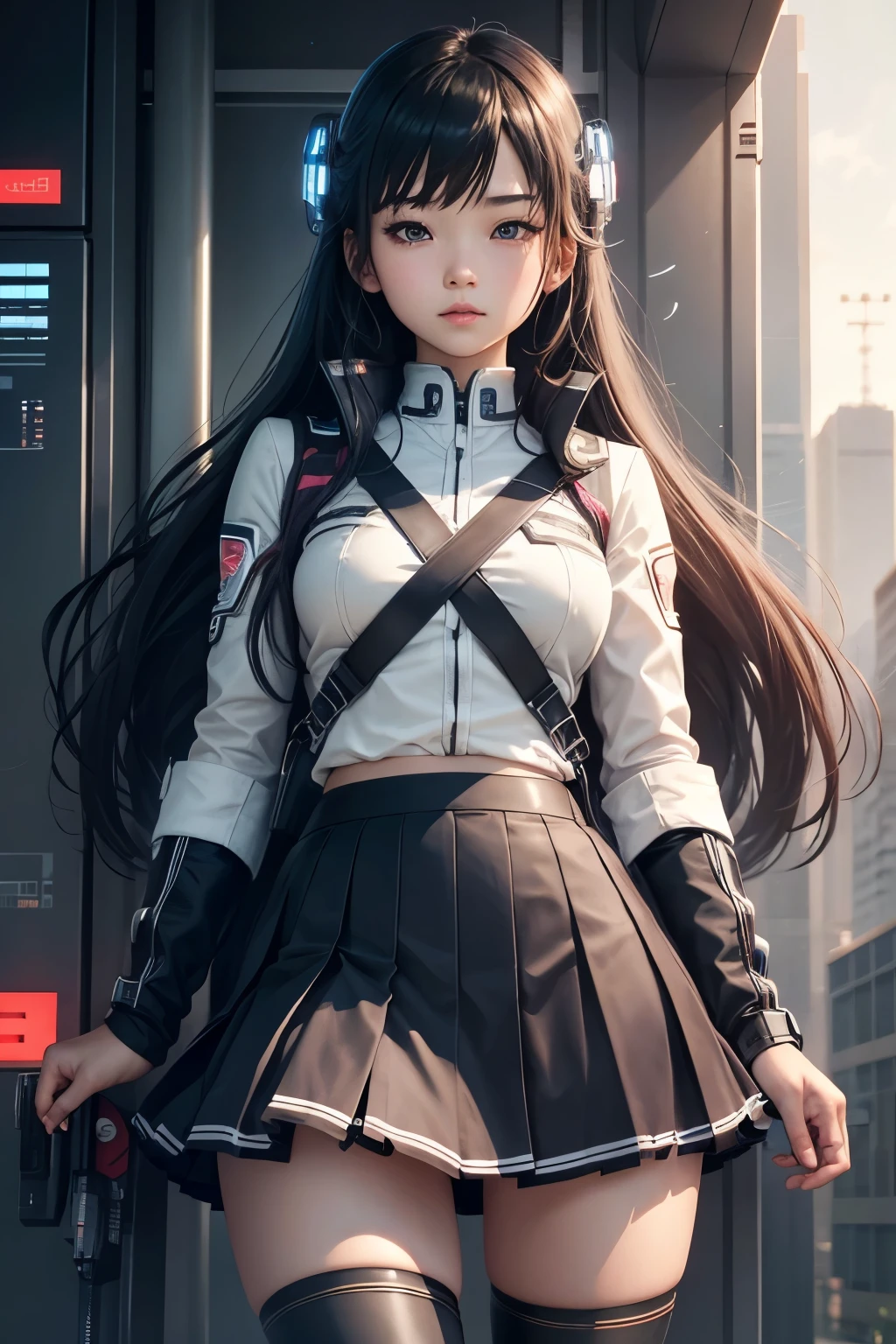 Future City、high school girl、cyborg、mechanical、uniform、skirt