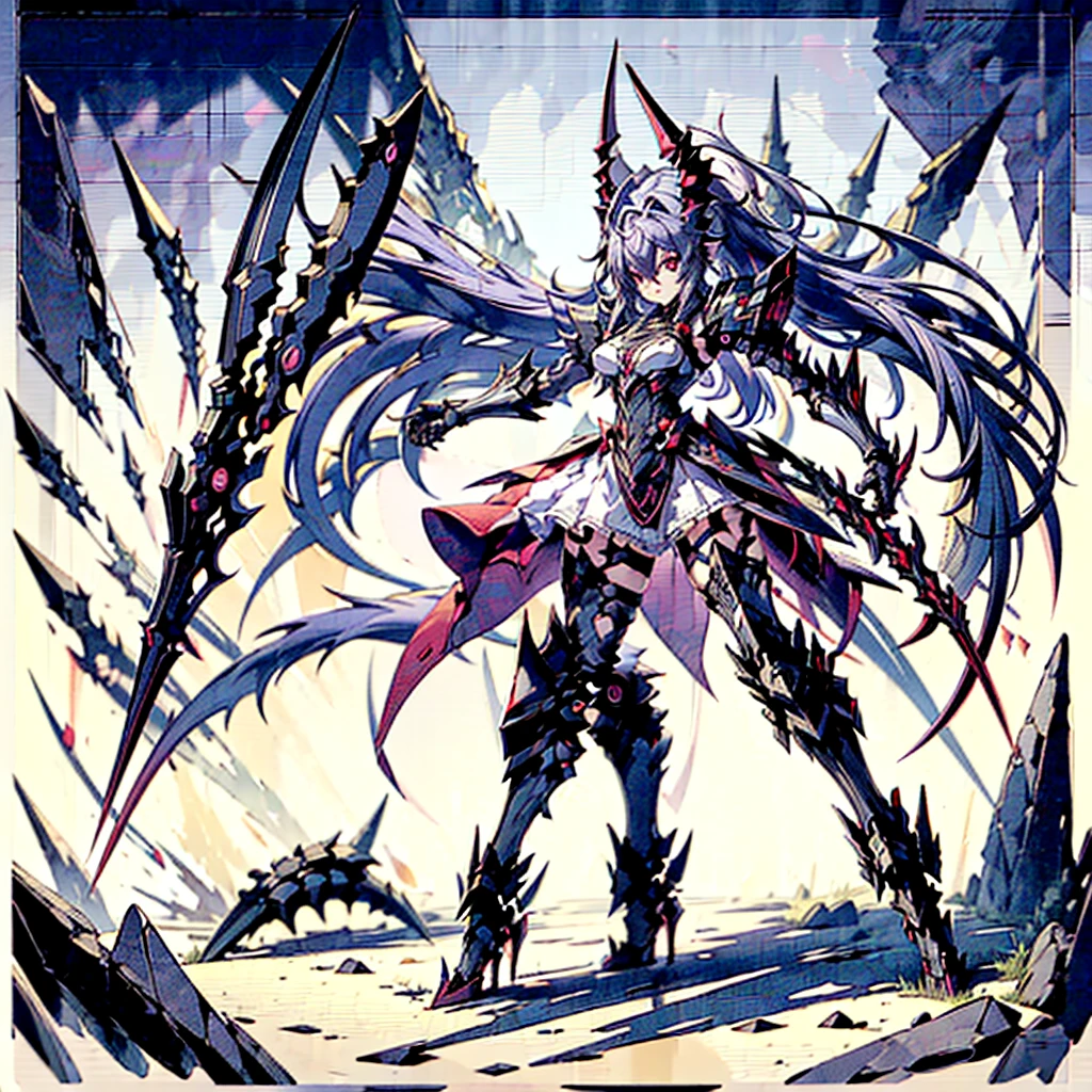 (Tabletop), (Perfect athletic body:1.2), whole body, Knight of the Mechanical Life Form, Feminine body type, Black Armored, Holding a scythe, Red Six Eyes, Fangs facing large jaws, High heel boots, Mechanized limbs, White Background, whole body, Standing in the Wilderness