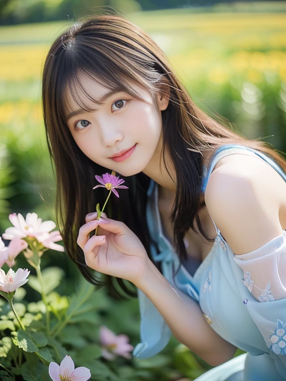 Photo-realistic quality、A Japanese woman in a pale blue sheer dress kneeling in a flower field, Beautiful Japanese girl face, Black Hair, Holding a cosmos flower in her hand、Young Japanese girl idol, In the grassland, Portrait of a Japan teenager,looking at the camera、Detailed and beautiful eyes、Cute smile、A soft and gentle look、A dress with thin straps and a large open chest、Cleavage、Small flower in hair