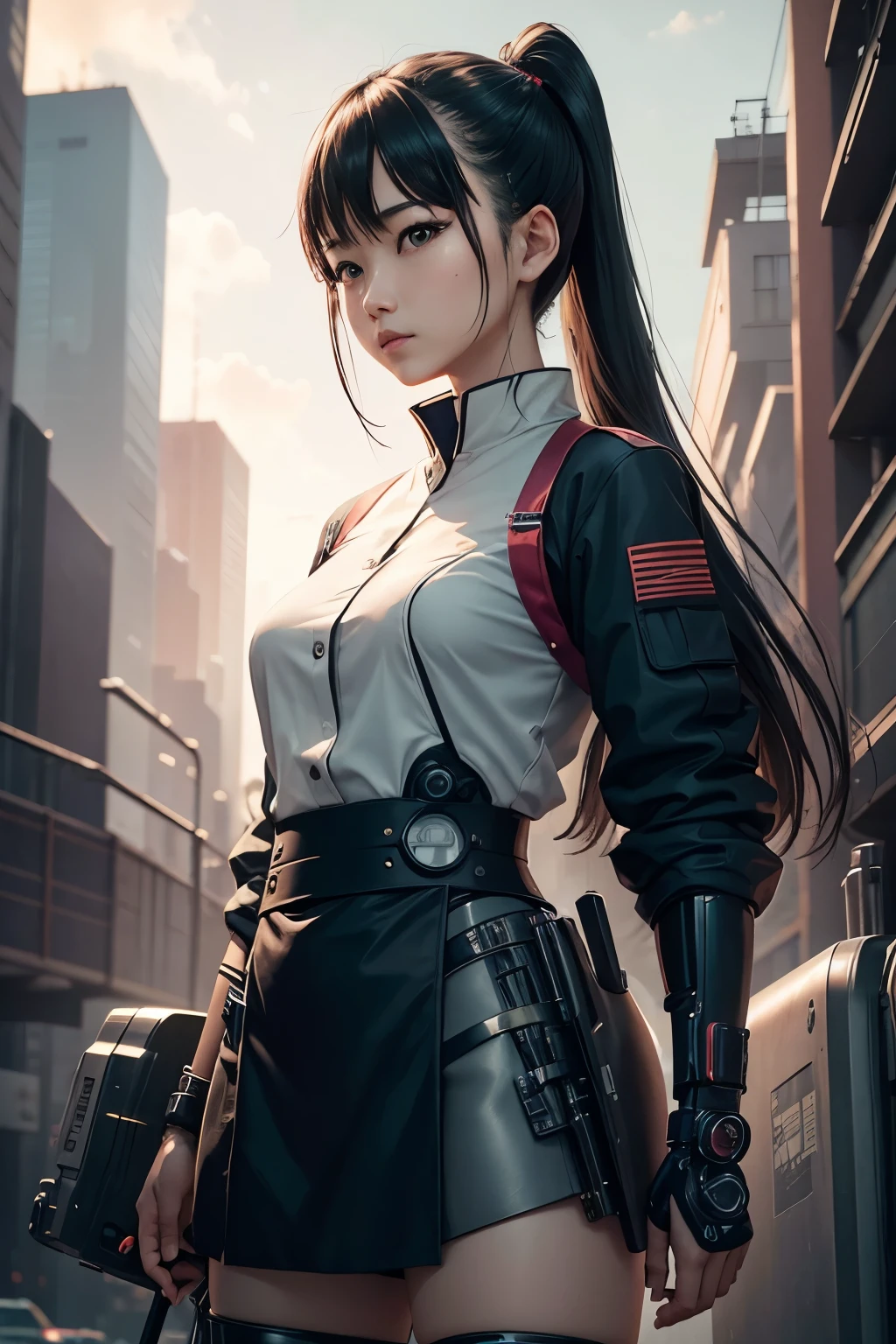 Future City、Japanese、woman、Mechanic、cyborg、mechanical、uniform、skirt