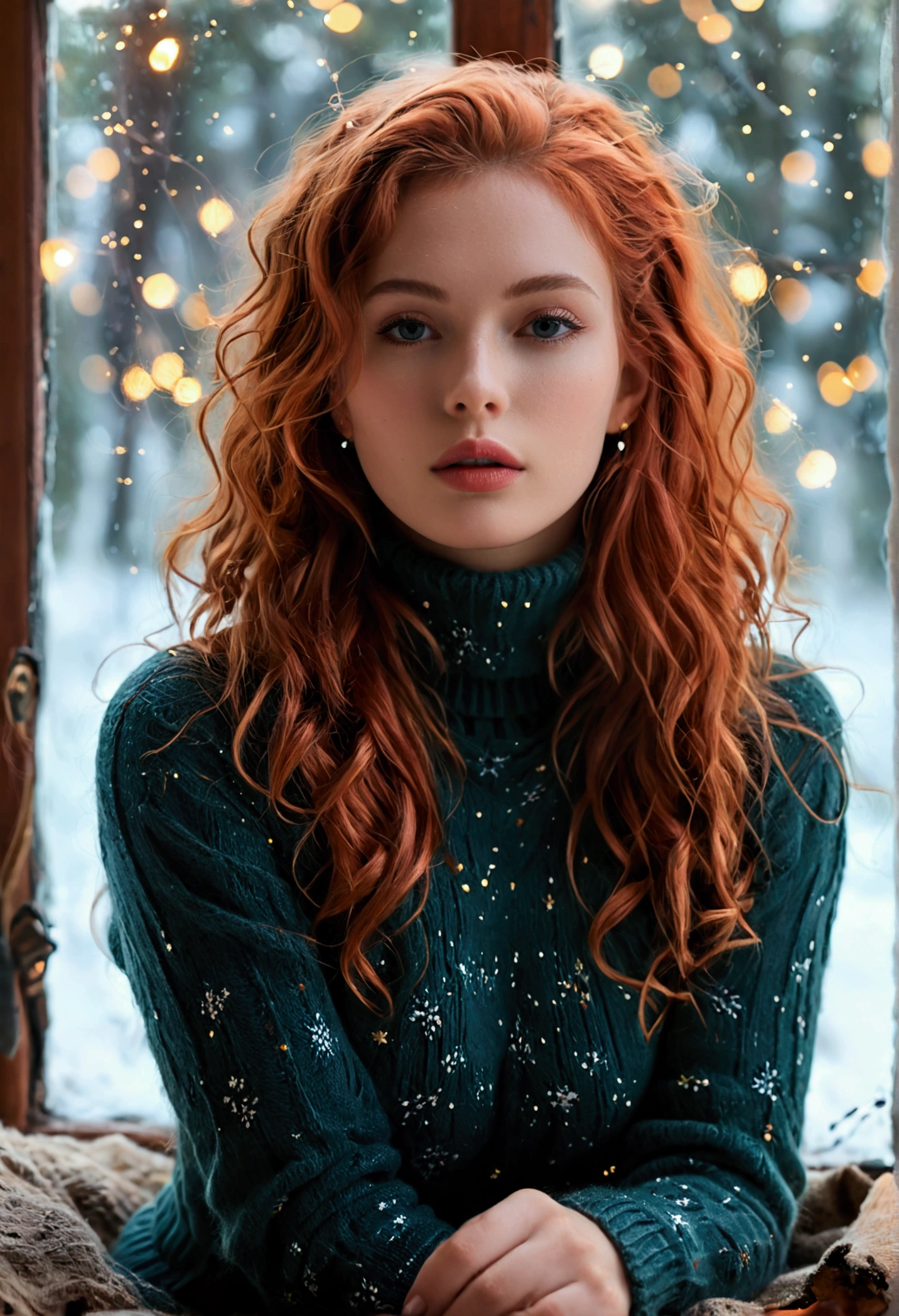An ultra hot beautiful european woman, age 23, red wavy hair. she's a playmate, men magazine model, enjoying a cozy evening by the fire. She wears a turtleneck winter color wool sweater and tight shorts. Trough the window, winter starry night. Northern lights, Perfect anatomy, perfect hair, perfect breast, perfect body, perfect hands, perfect face, UHD, retina, masterpiece, accurate, anatomically correct, textured skin, cleavage