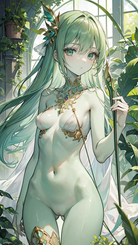 ((True best masterpiece, Ultimately perfect quality, Extremely delicate details)), ((Green skin, Slim body, Whole body)), A green skin girl with small bust, Holding a wooden bow and arrows
