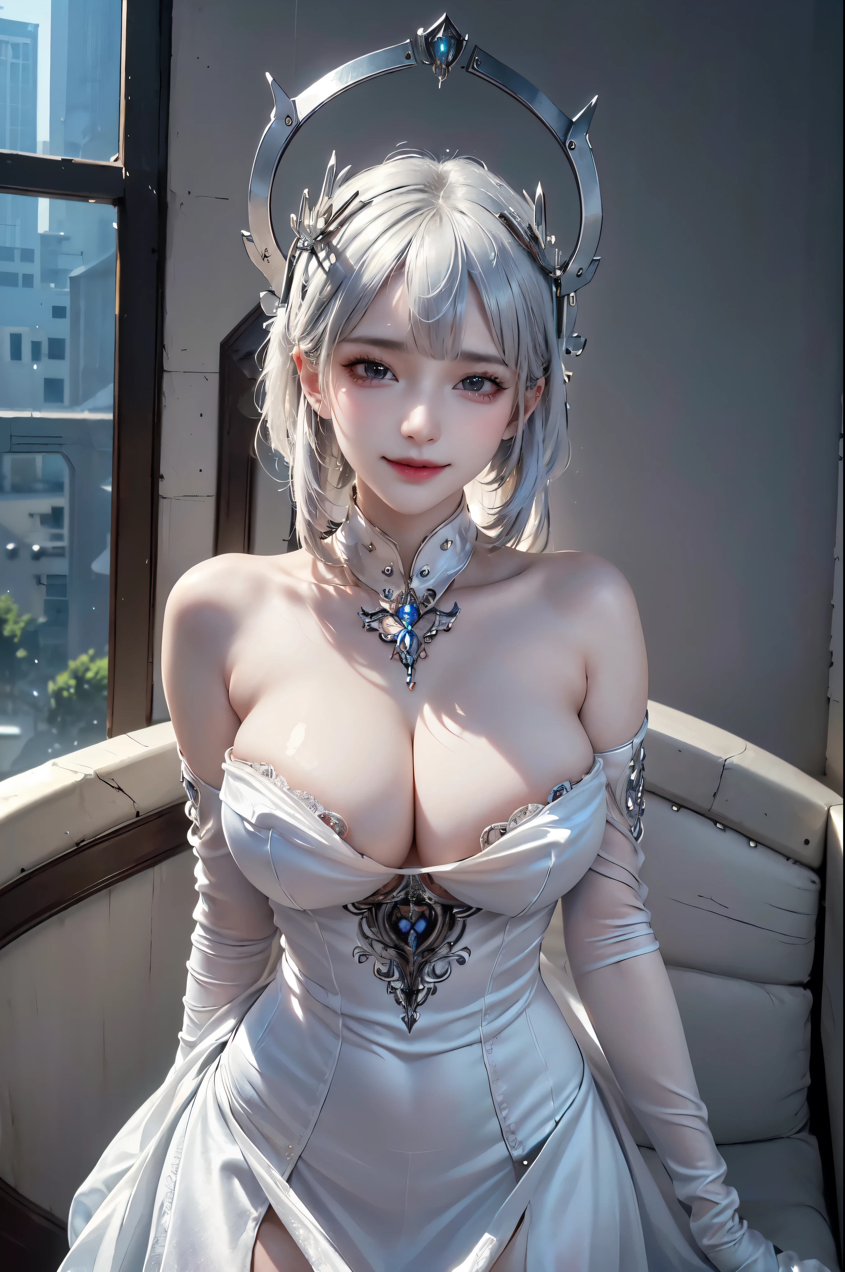 NSFW,((top quality、8k、masterpiece:1.3))Wears a silver-white mech,girl with delicate face,Highest image quality,Ultra-clear,Delicate and clear facial features,end of the world,Mechanical arm,Exquisitely detailed mechanical pattern,cyberpunk characters、numbercity、number、century、throne、