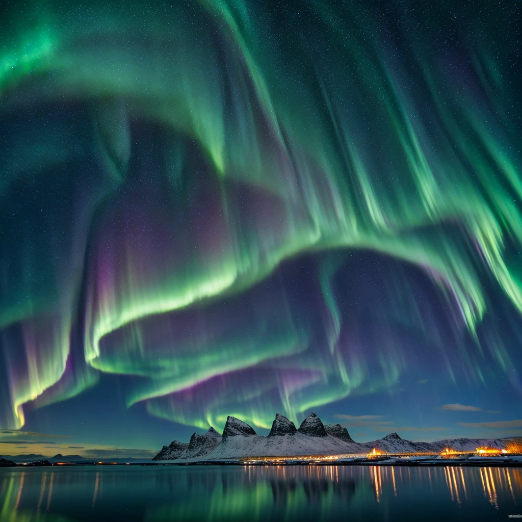 Northern Lights over the sea, snowy mountains at starry winter night. Aurora borealis in Lofoten islands, Norway. Sky with polar lights. Landscape with aurora, beach, sky, reflection in water. Space