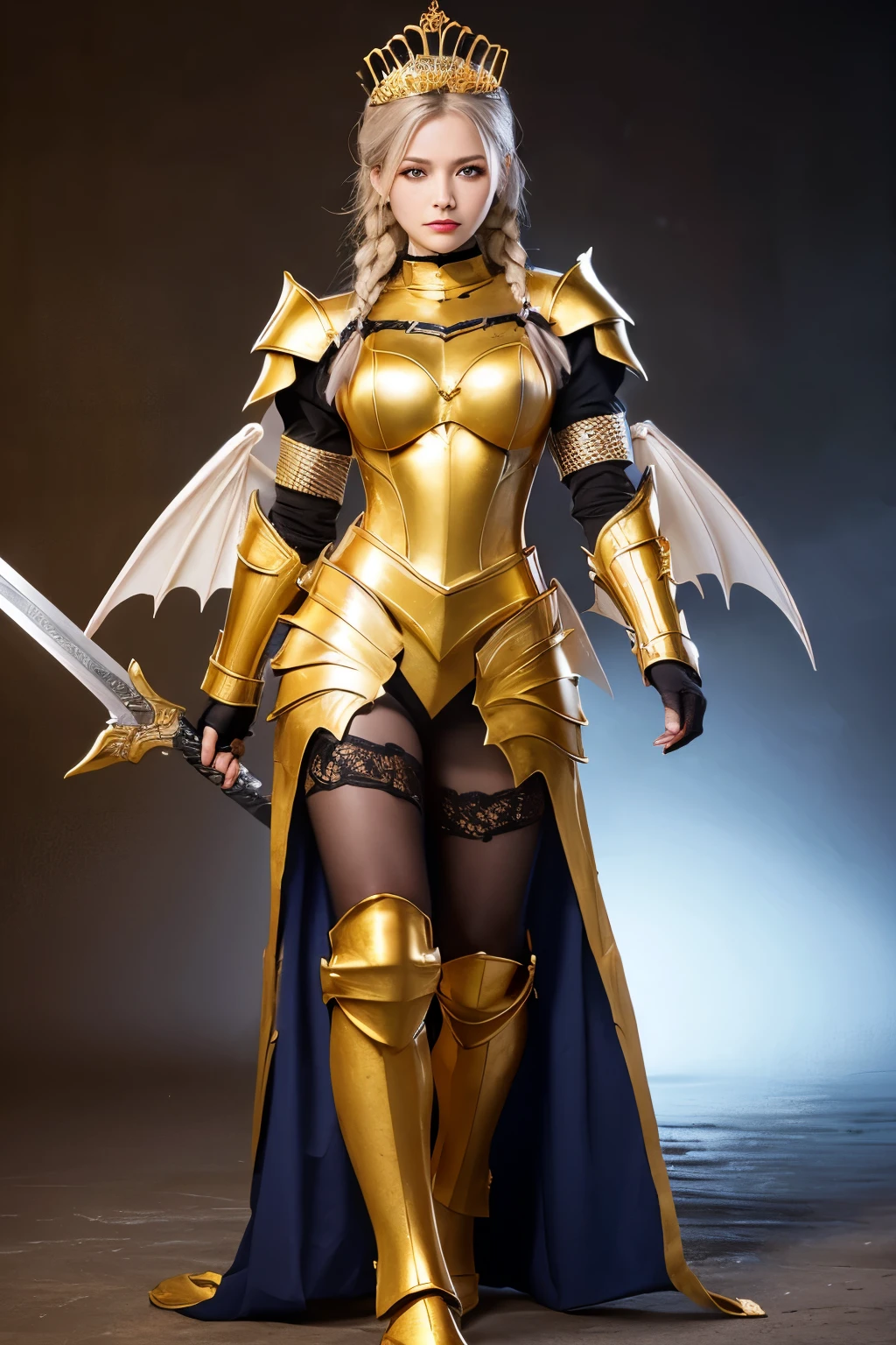 Ultra HD、Ultra-clear、Beautiful Face、prick々Holy warrior in beautiful golden armor、Golden Wings、Golden Tiara、Full body golden armor、Dragon scale armor、Heavy golden armor、blue eyes、Silver Hair、Braided Hair、Big Breasts、Big Great Sword、
