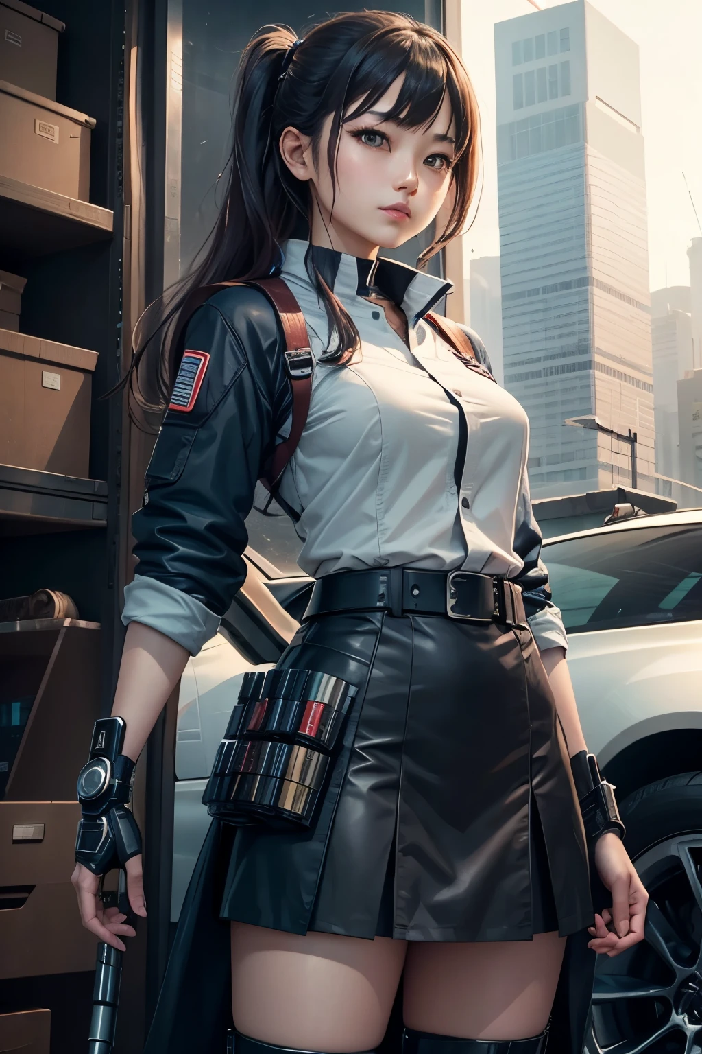 Future City、Japanese、woman、Mechanic、cyborg、mechanical、uniform、skirt